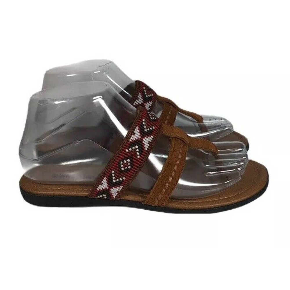 Minnetonka Barbados Brown Suede Leather Aztec Embroidered Thong Flat Sandals 6